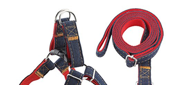 URPOWER Dog Leash Harness Adjustable & Durable Leash Set & Heavy Duty Denim Dog Leash Collar for Small, Medium and Large Dog, Perfect for Daily Training Walking Running (L(17″-27.5″ Chest Girth))