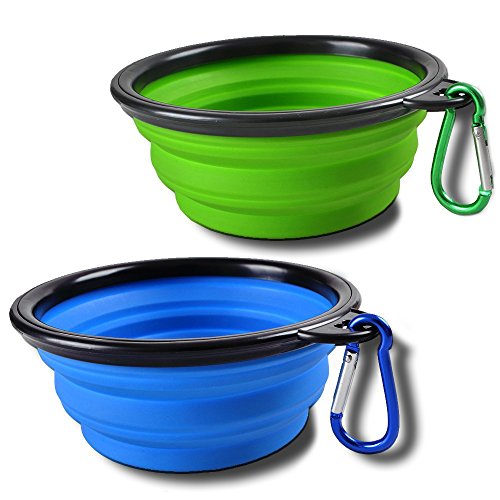 Sabuy Collapsible Dog Travel Bowl, Set of 2 Pet Pop-up Food Water Feeder Foldable Portable Bowls with Carabiner Clip, Blue and Green