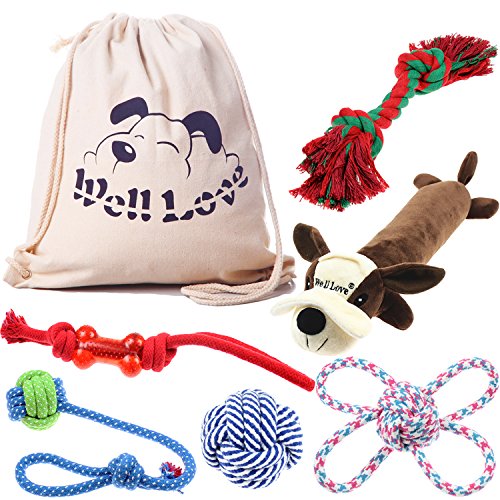 Well Love Dog Toys - Chew Toys - 100 Natural Cotton Rope - Squeak Toys - Dog Balls - Dog Bones - Plush Dog Toy - Dog Ropes - Tug of War Ball - Toys for Dog 6pack Set