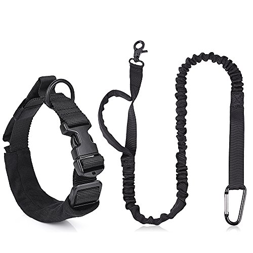 Nasus Tactical Dog Collar and Leash Set, Adjustable Military Training Nylon Collar and Heavy Duty Bungee Lead with Soft Cover Control Handles, Quick Release Buckle for Dogs Playing and Woodland Walks